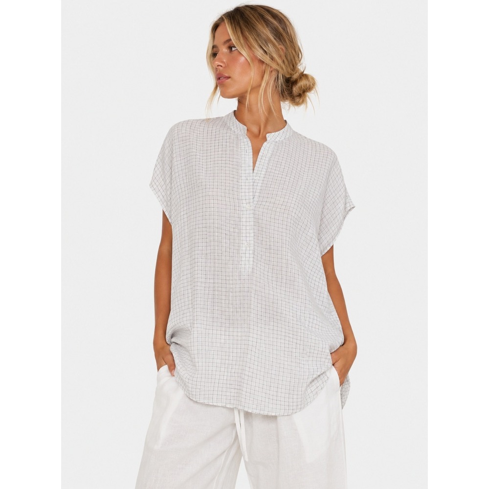 Eileen Fisher 100% Silk Windowpane Mandarin Collar Top White Black L NWT NEW